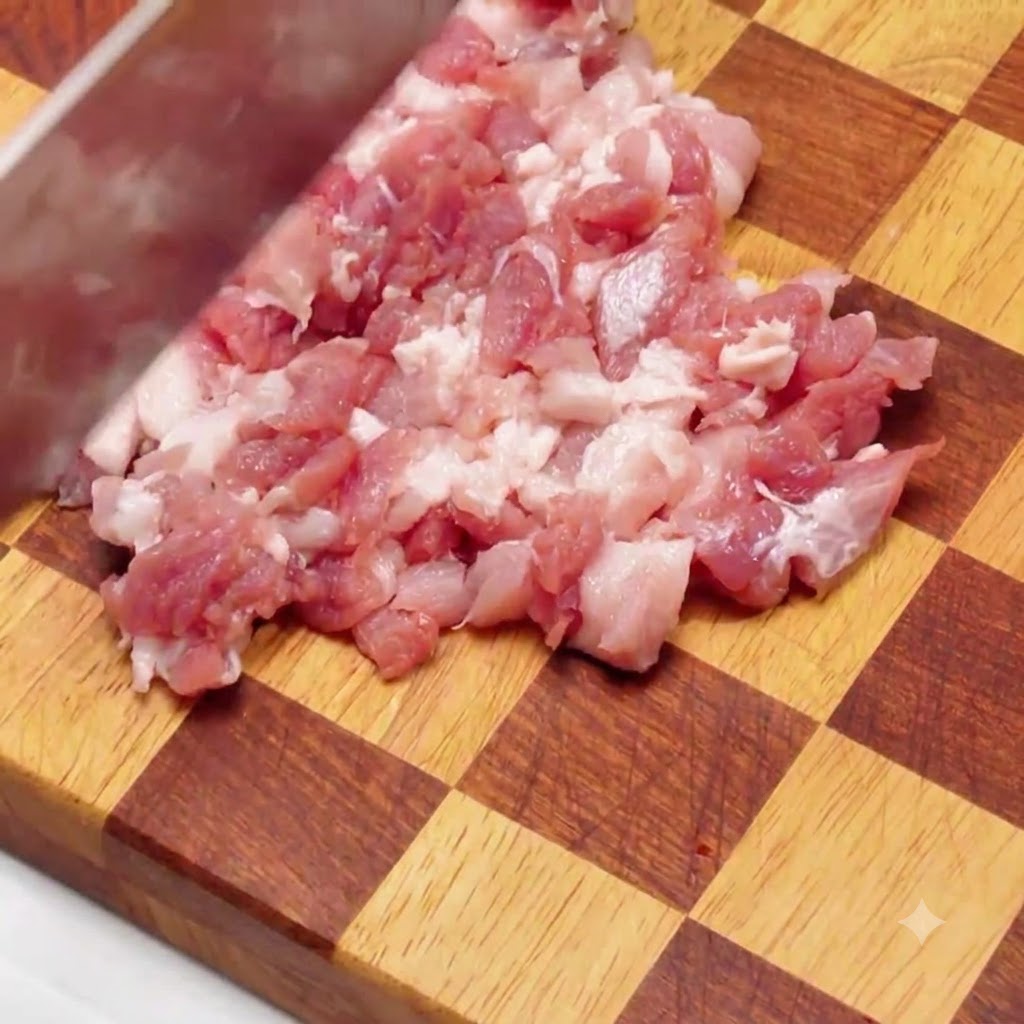 Poitrine de porc soigneusement coupée en petits dés sur une planche à découper en bois avec un couperet affûté.