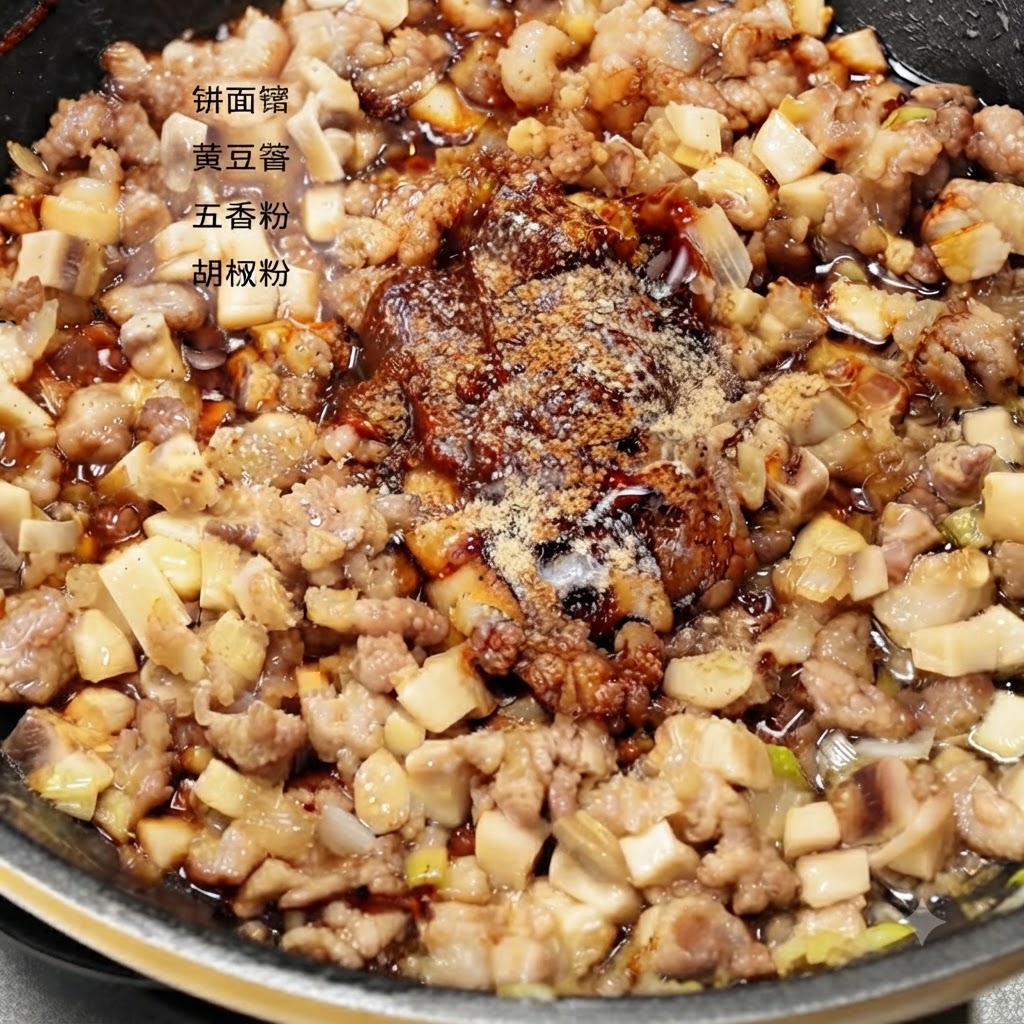 Eau claire versée dans la poêle contenant le porc doré, les champignons, les sauces et les épices.