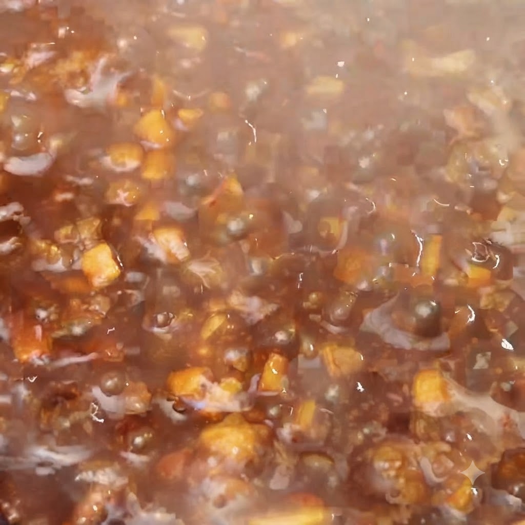 Eau amidonnée versée en filet dans la sauce frémissante.