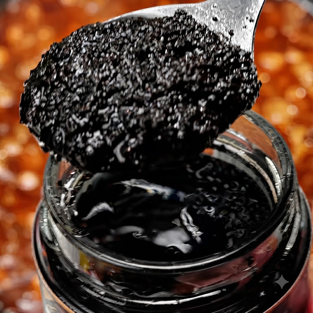 Une cuillerée de pâte de truffe noire au-dessus dun bocal en verre, prête à être ajoutée au plat.