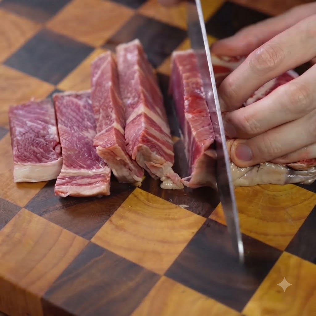 Un couteau de cuisine bien affûté coupant un morceau de faux-filet cru en fines lanières régulières sur une planche à découper en bois.