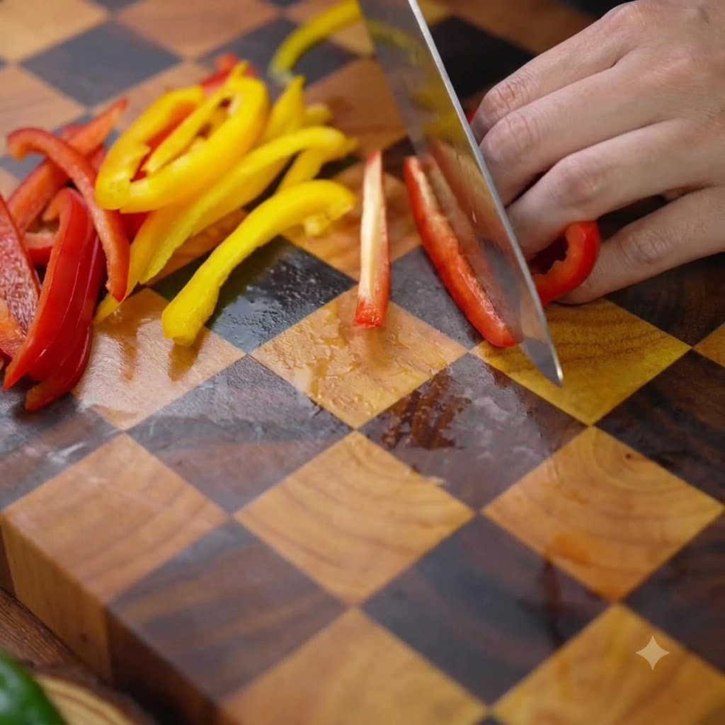 Des poivrons jaunes et rouges coupés en fines lanières sur une planche à découper en bois à motifs.