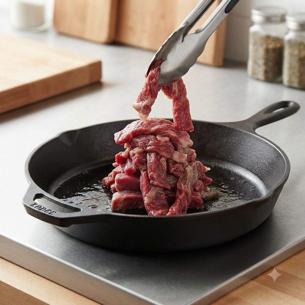 Des lamelles de bœuf saisies dans une poêle en fonte chaude à laide de pinces jusquà coloration.
