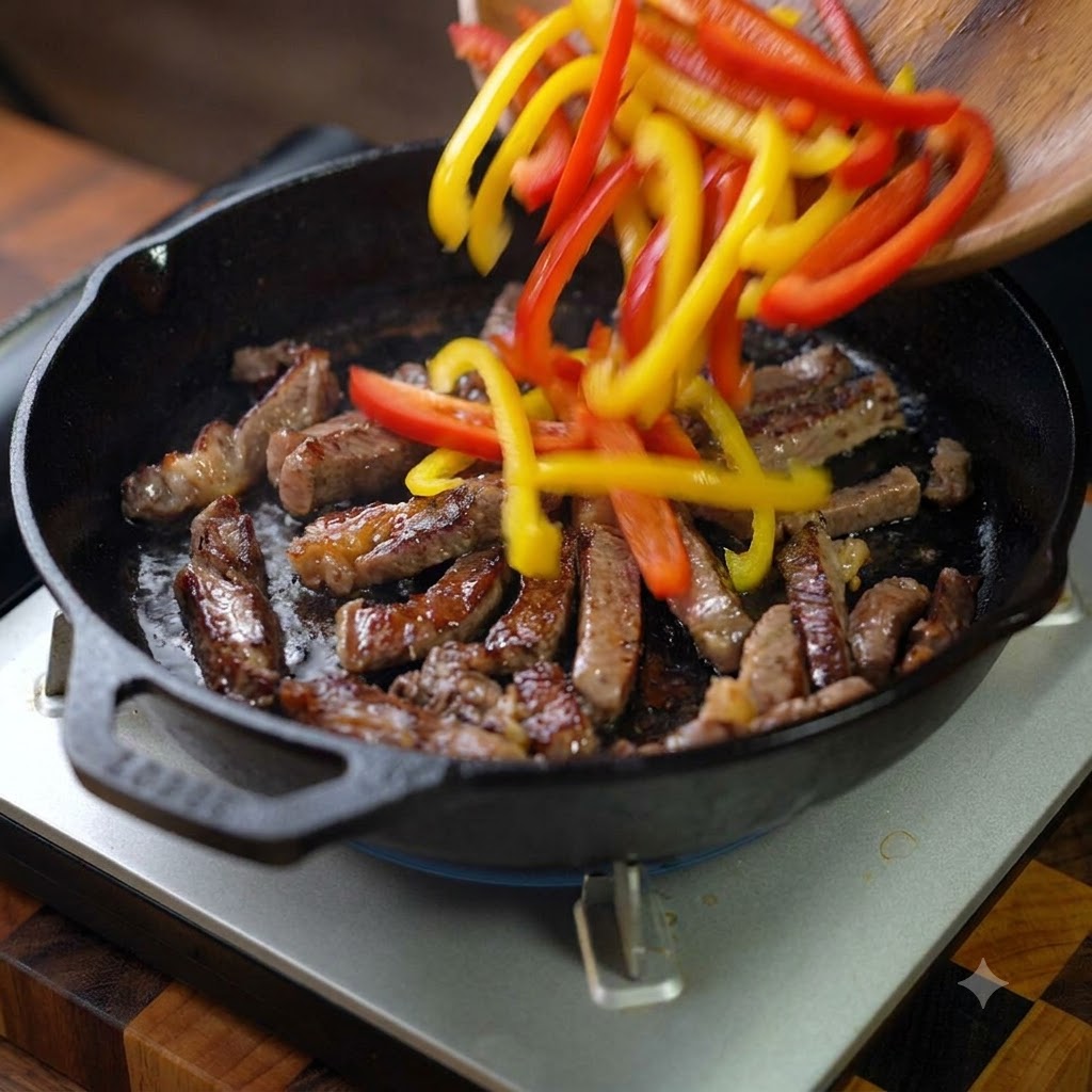 Des lamelles de poivrons rouges et jaunes ajoutées dans la poêle avec le bœuf pour être sautées ensemble.