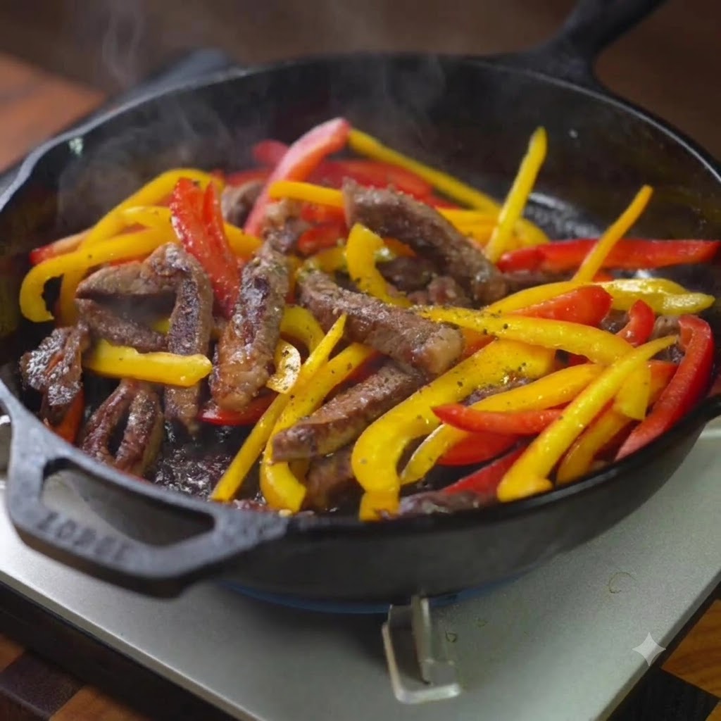 Du sel et du poivre noir saupoudrés sur le mélange de bœuf et de poivrons dans la poêle.