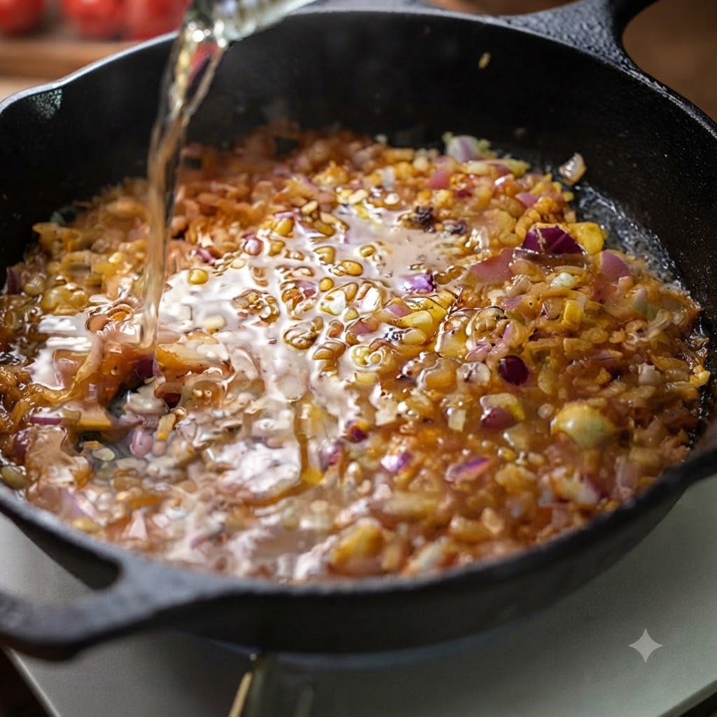 Un filet de vin blanc versé dans une poêle en fonte remplie doignons et dail sautés.