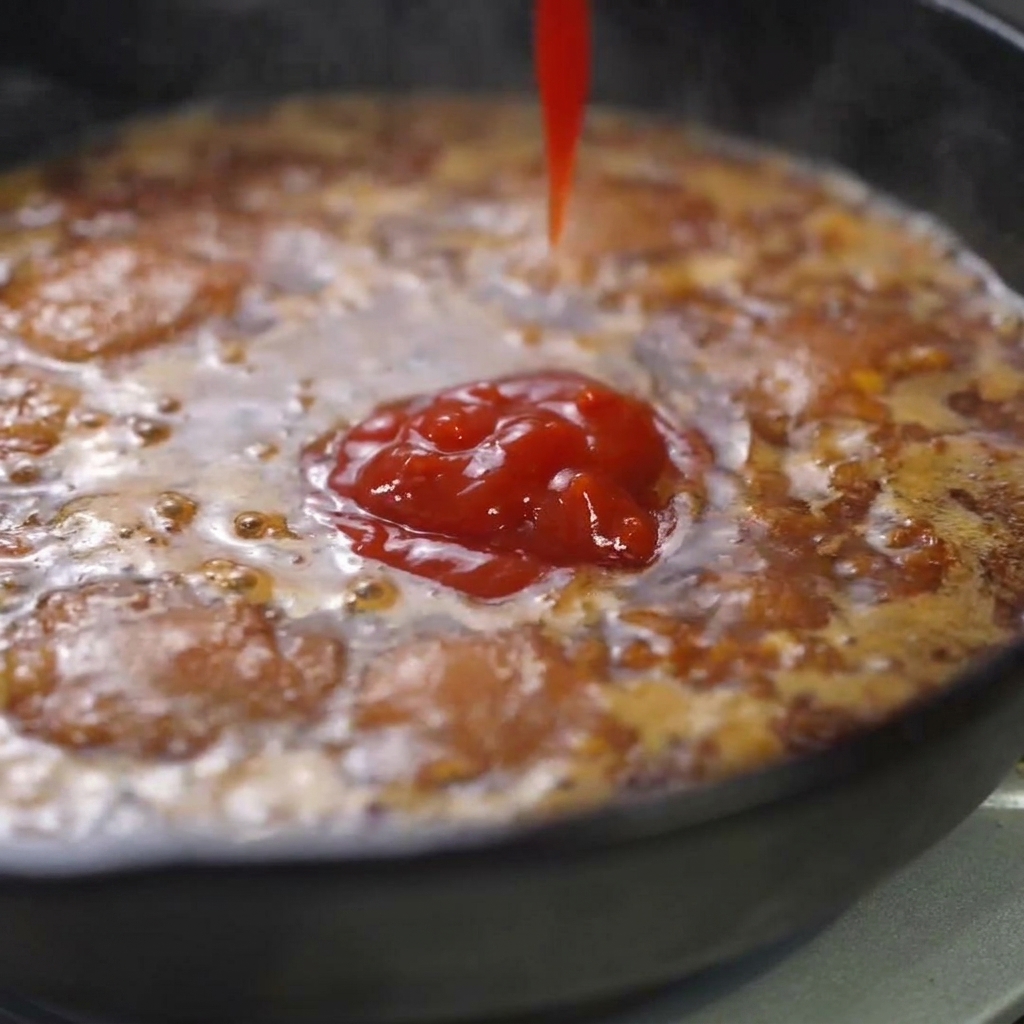 Du concentré de tomate et de la sauce soja versés et ajoutés dans la sauce bouillante de la poêle.