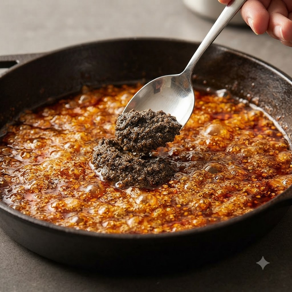 Une cuillère en argent contenant de la pâte de truffe noire au-dessus dune sauce brune foncée frémissante dans une poêle.