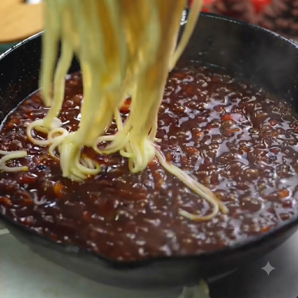 Des nouilles de spaghetti fraîchement bouillies soulevées et déposées dans une poêle contenant une riche sauce de pâtes à la truffe.