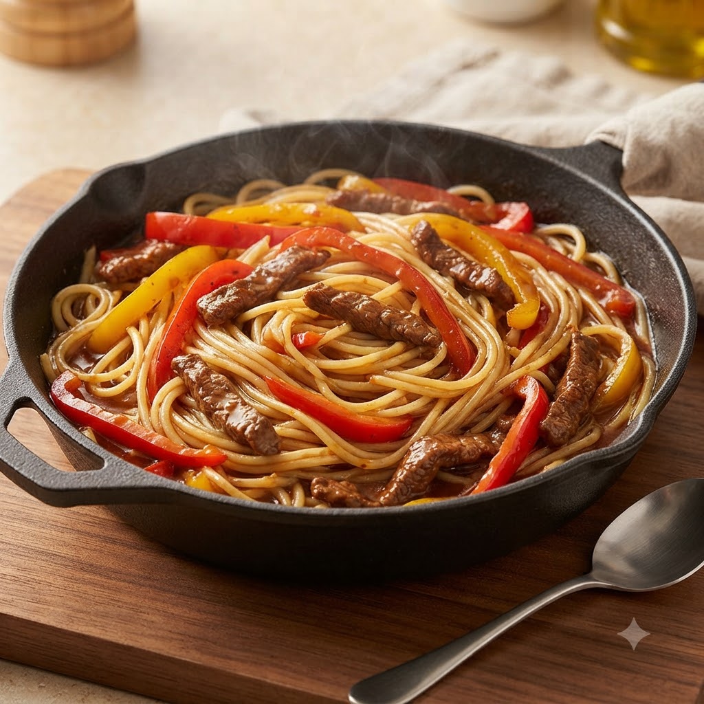 Une poêle en fonte remplie de spaghetti cuits, de poivrons tranchés et de morceaux de bœuf enrobés de sauce.