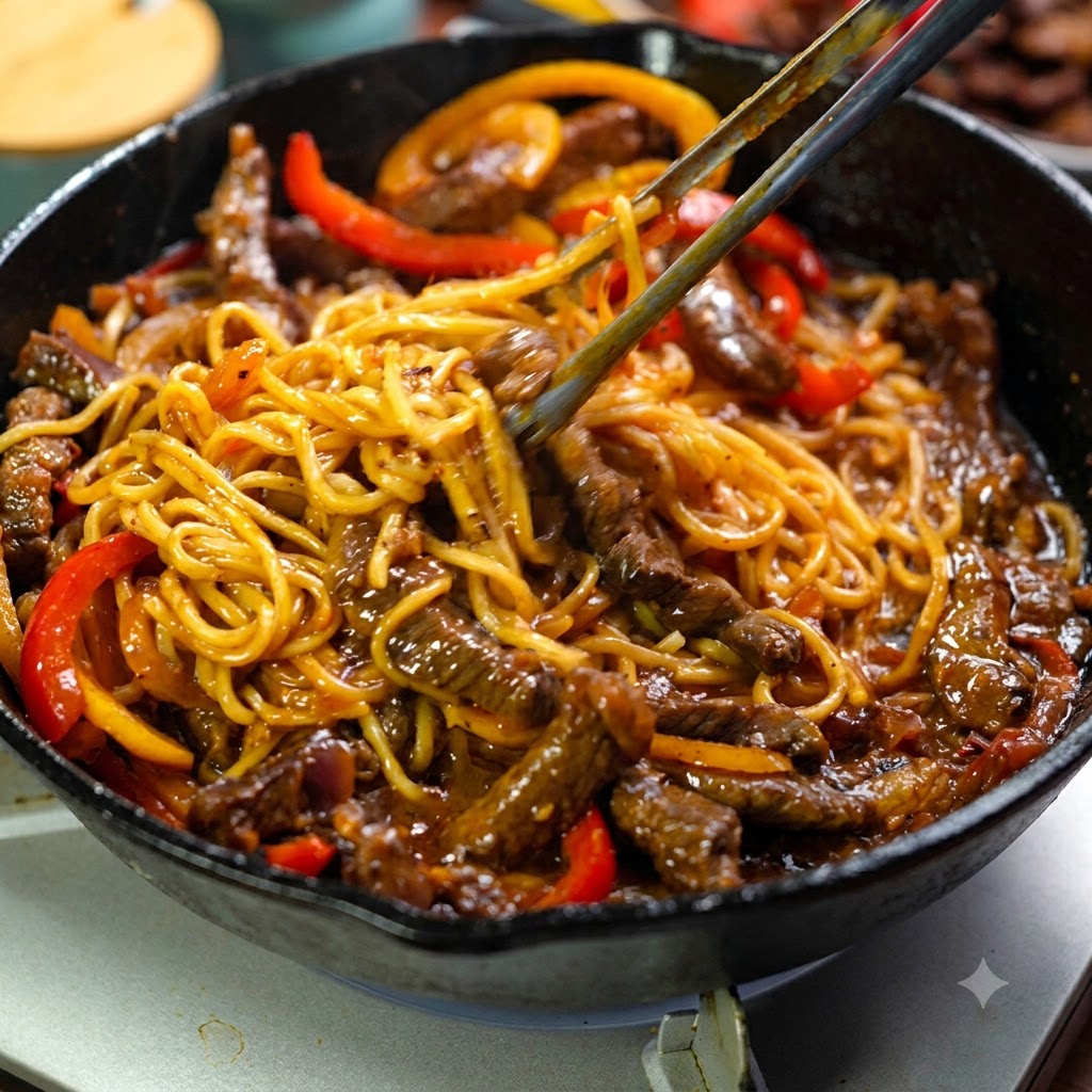 Une paire de pinces mélangeant activement les spaghetti, le bœuf et les poivrons dans une poêle avec une sauce riche.