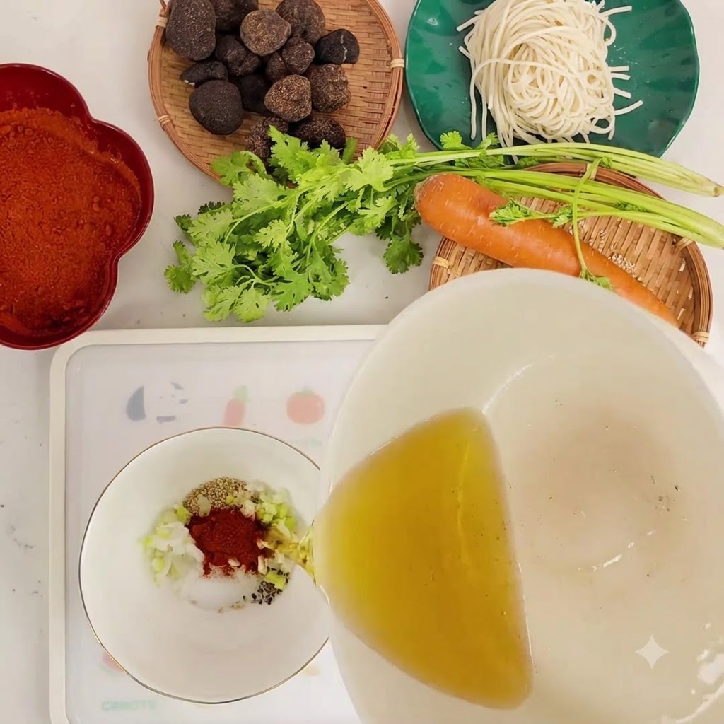 De lhuile de cuisson très chaude est versée dune poêle dans le bol dassaisonnements secs, ce qui les fait crépiter.