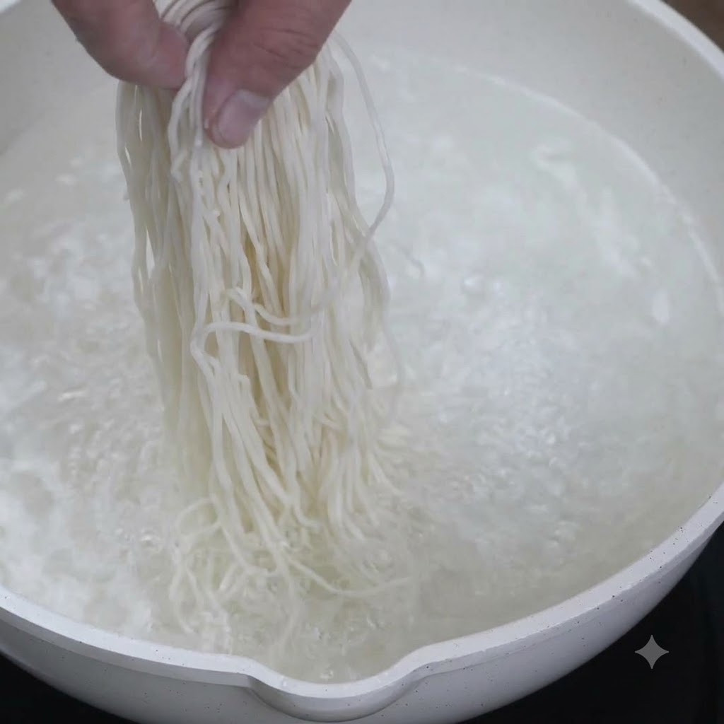 Des nouilles crues plongées dans une casserole deau bouillante à gros bouillons.