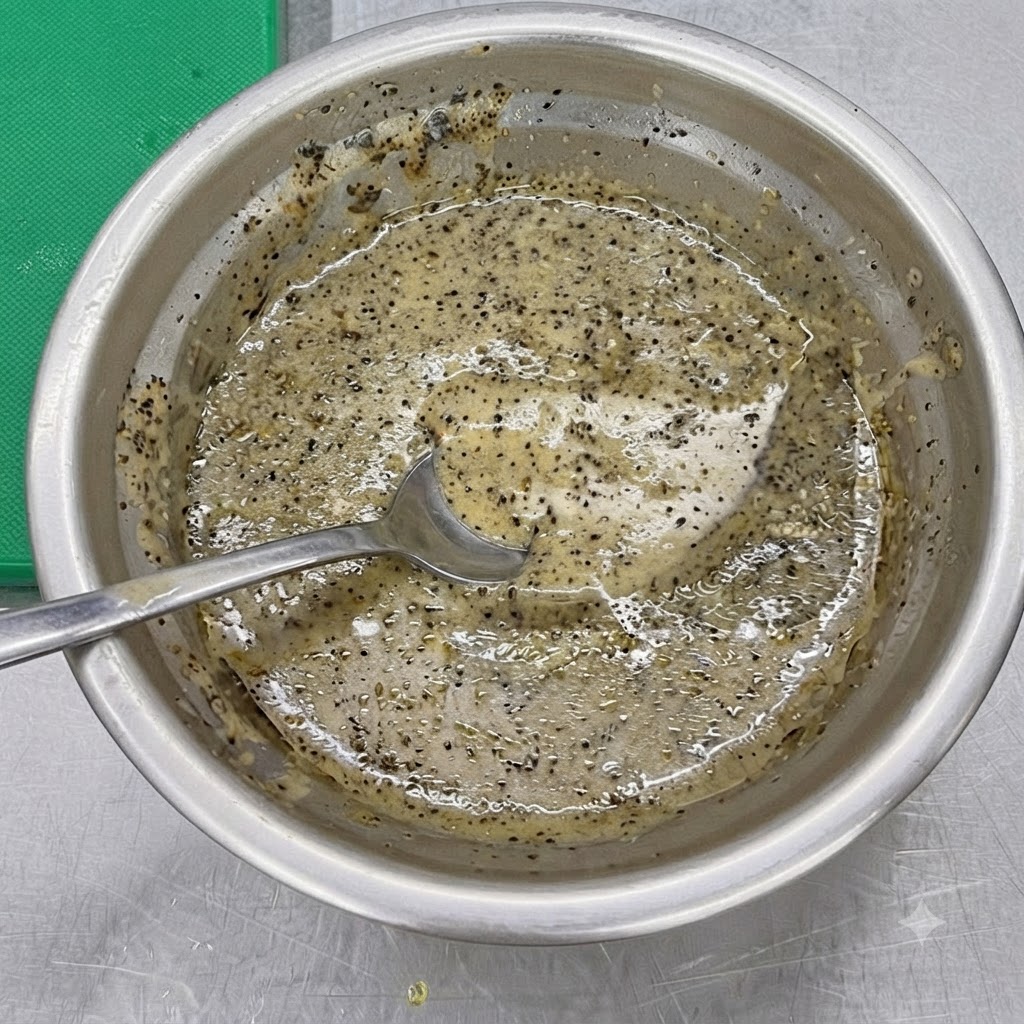 Un petit bol en métal contenant un mélange sombre de truffe noire et de sauce au sésame, remué avec une cuillère.