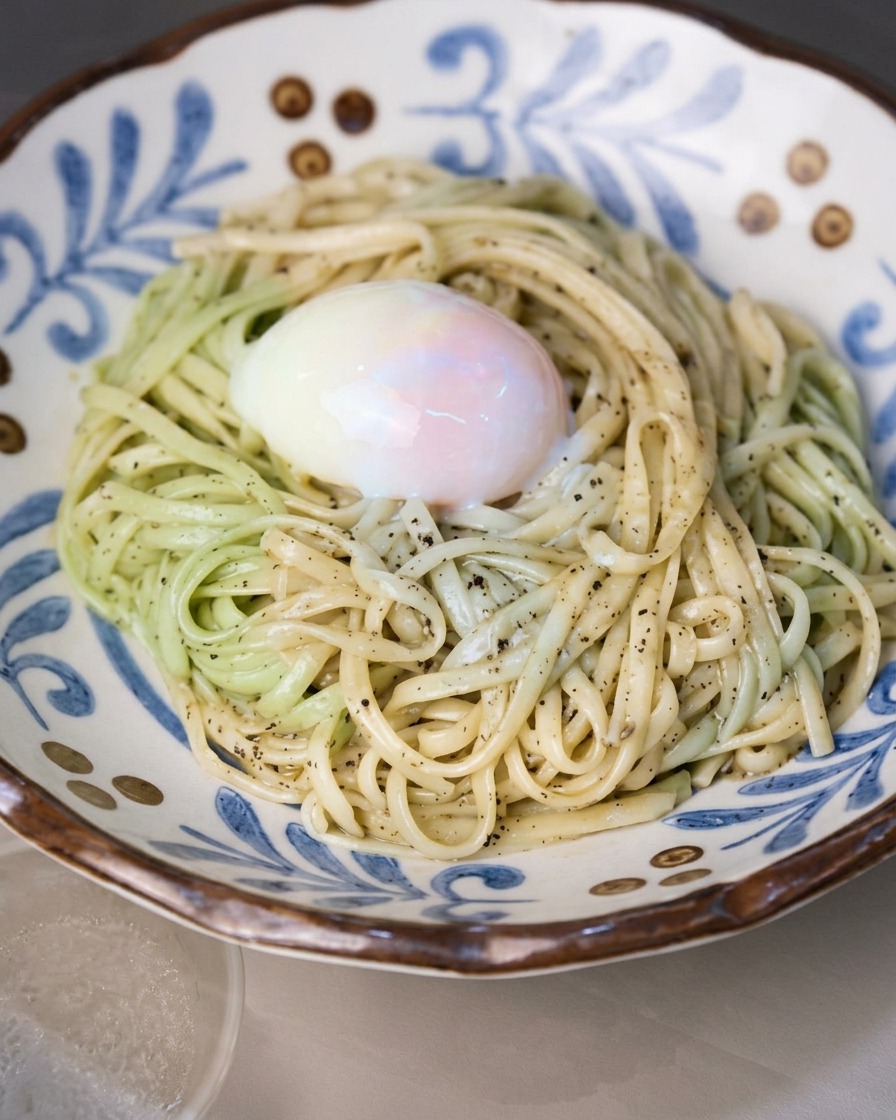 Nouilles enrobées de sauce joliment disposées dans un bol en céramique bleu et blanc décoratif.