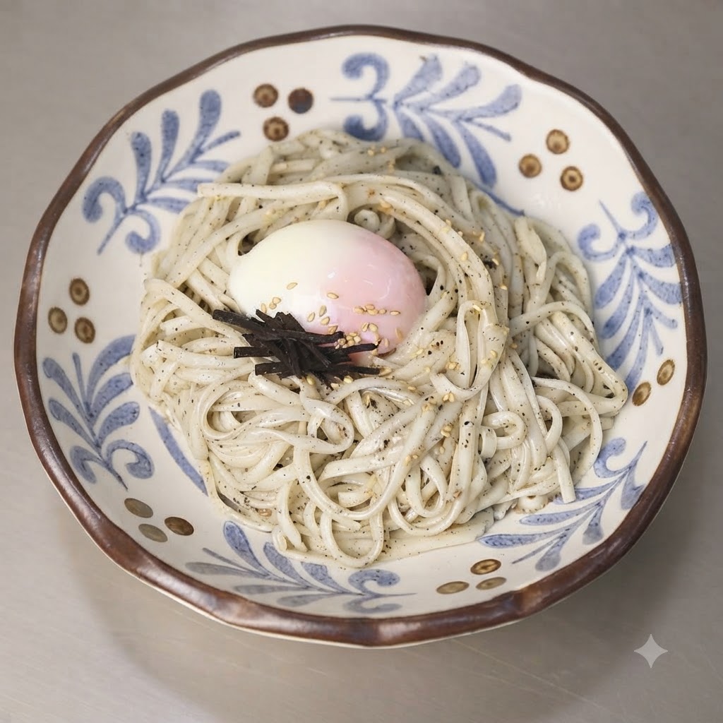 Graines de sésame grillées réparties uniformément sur les nouilles et lœuf onsen dans le bol décoratif.