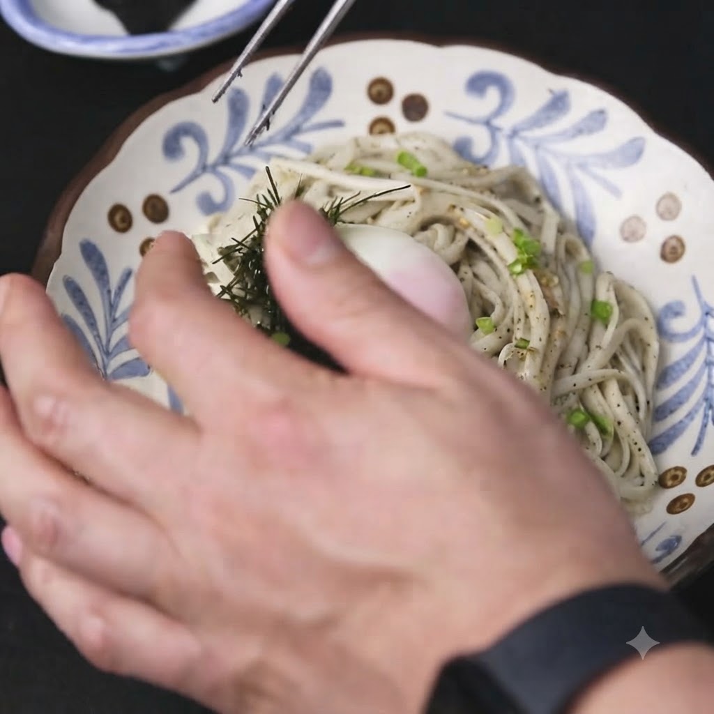 Mains utilisant une pince de précision pour placer de lalgue nori émincée sur le plat de nouilles dressé.