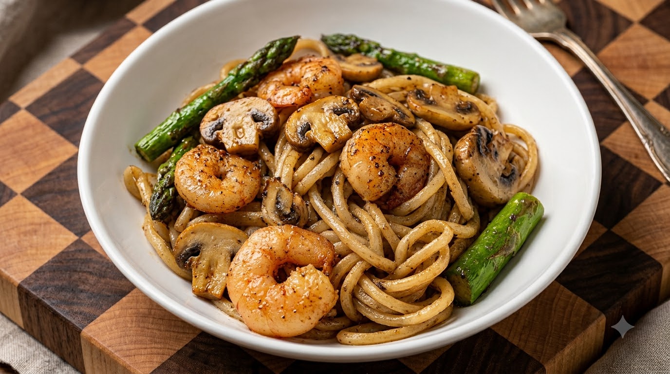 Nouilles aux crevettes et à la truffe noire