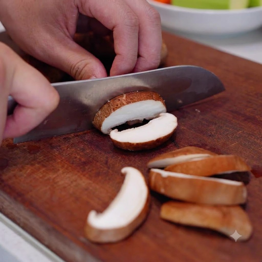 Une paire de mains utilisant un couteau de chef pour couper des champignons shiitakes frais en tranches épaisses sur une planche à découper en bois.
