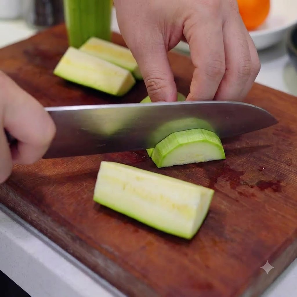 Une main coupant un morceau de courgette évidé en de longues lanières sur une planche en bois.