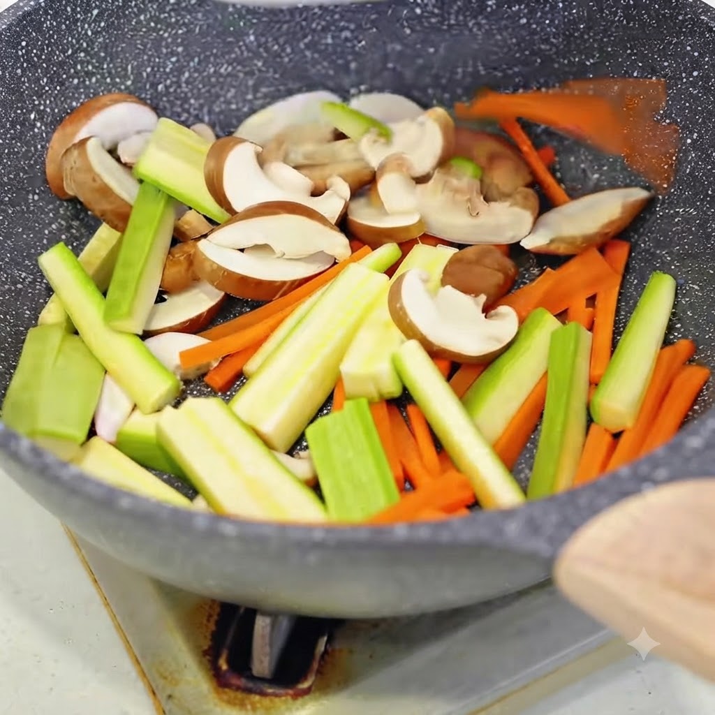 Des tranches de champignons shiitakes, des lanières de carottes et des lanières de courgettes en train dêtre sautées dans une poêle chaude.