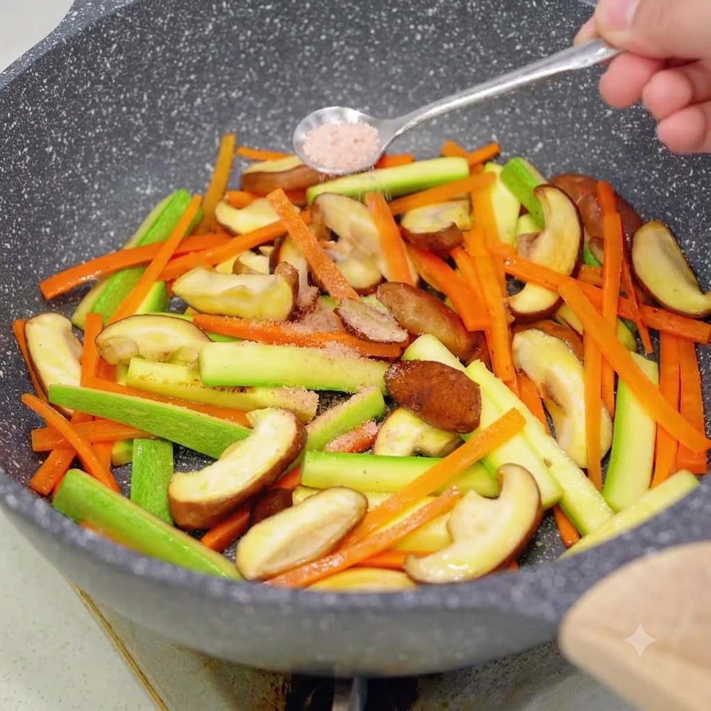Une petite cuillère ajoutant du sel rose dans une poêle remplie de champignons, de carottes et de courgettes en train de sauter.