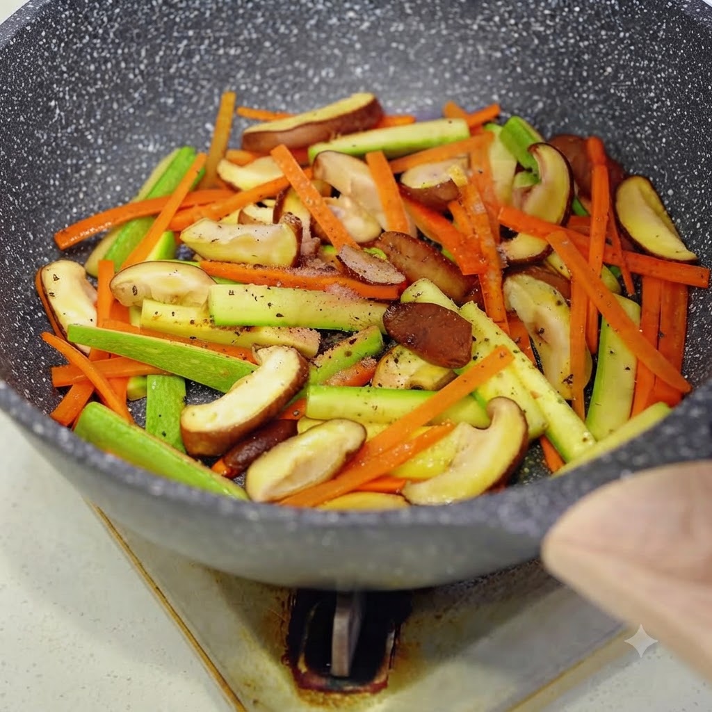 Du poivre noir fraîchement moulu sur le mélange de légumes colorés qui cuit dans une poêle.