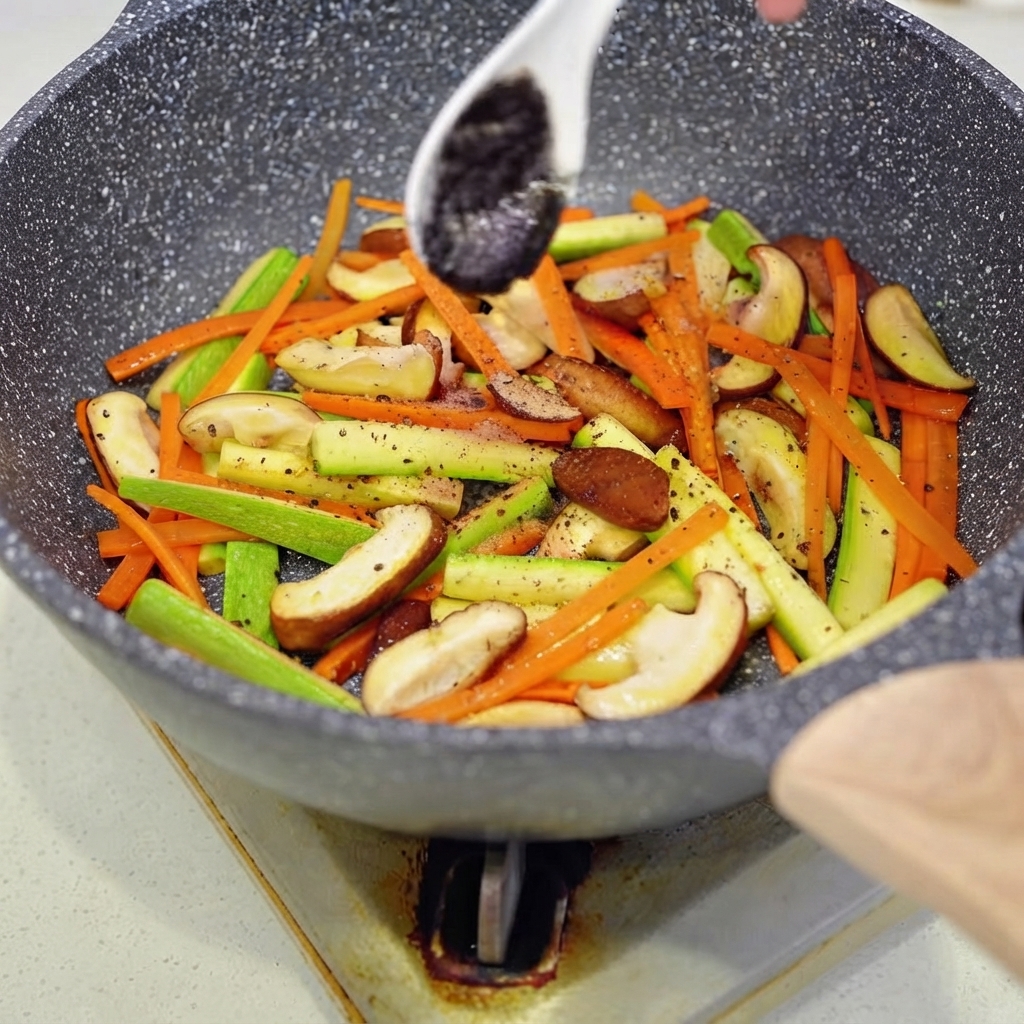 Une cuillère blanche ajoutant une cuillerée de sauce noire à la truffe dans une poêle remplie de légumes sautés.
