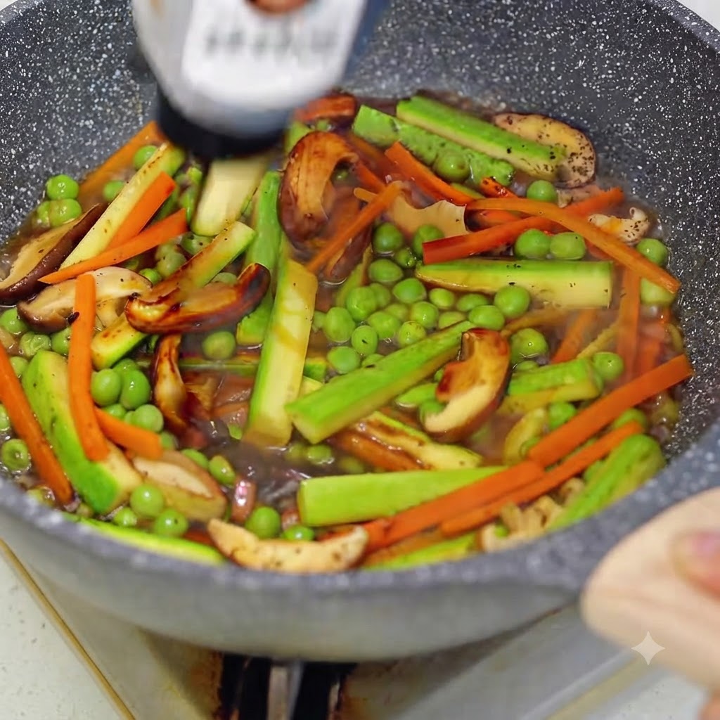 Une bouteille versant de la sauce dans une poêle contenant des légumes sautés mélangés et des petits pois.