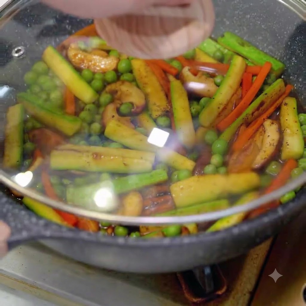 Un couvercle en verre placé sur une poêle remplie de légumes et de bouillon en train de mijoter.