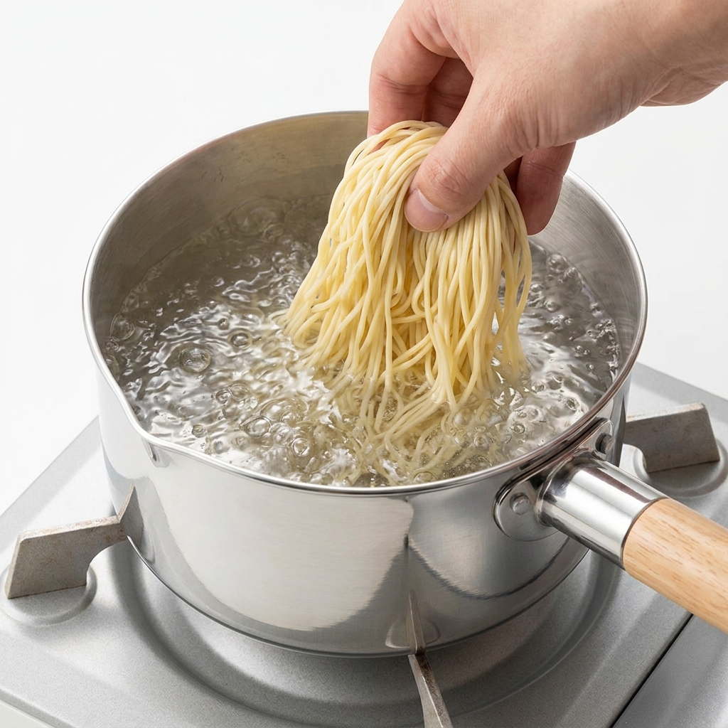 Des nouilles fraîches plongées dans une casserole deau bouillante sur la cuisinière.
