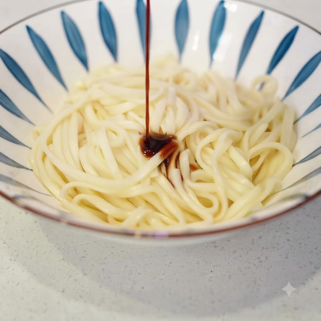 De la sauce soja claire versée dans un bol de nouilles fraîchement cuites.