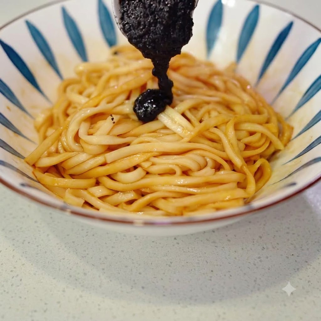 Une grande cuillère de sauce noire à la truffe ajoutée sur le bol de nouilles.