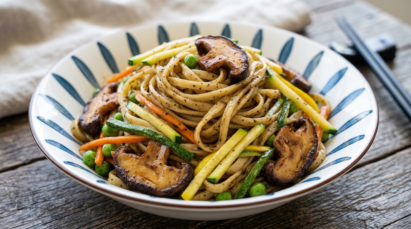 Un bol de nouilles mélangées à la truffe noire avec des champignons shiitakes, des courgettes, des carottes et des petits pois