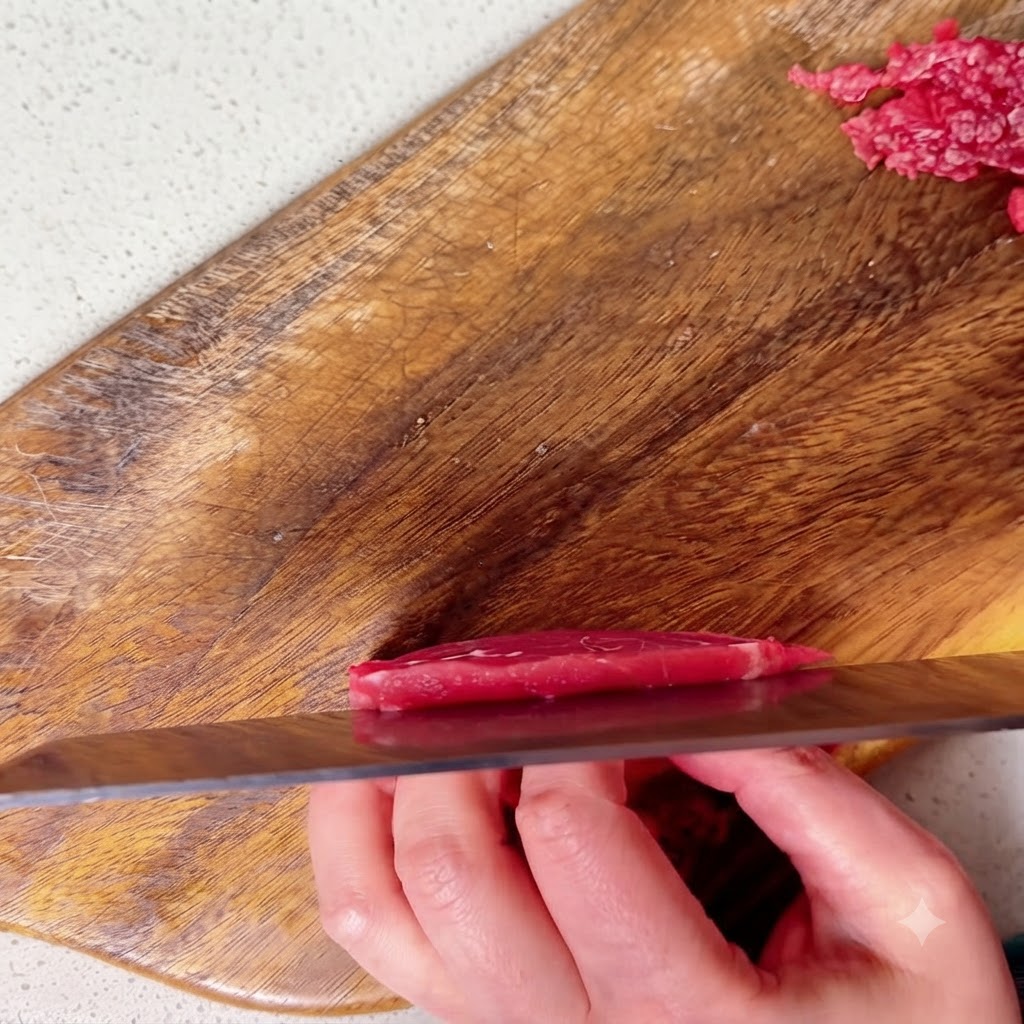 Vue rapprochée dun filet de bœuf en cours de découpe et de tranchage en petits morceaux sur une planche en bois.