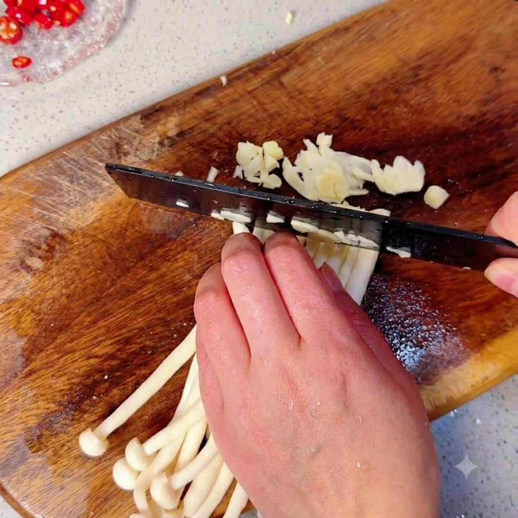 Champignons shimeji coupés en petits morceaux sur une planche en bois à côté de piments hachés.