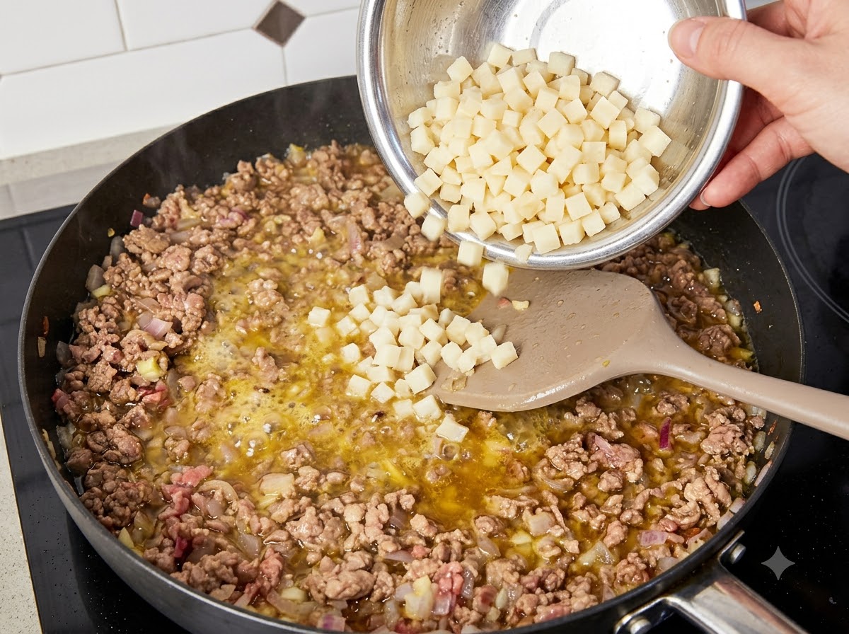 Champignons émincés versés dun bol dans la poêle avec le bœuf et les oignons.