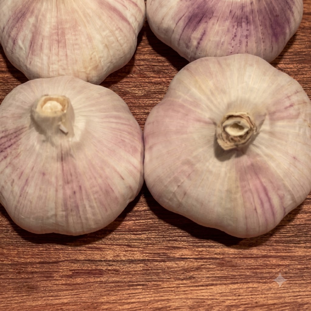 Gousses dail posées sur une planche à découper en bois et coupées en fines tranches avec un couteau de cuisine.