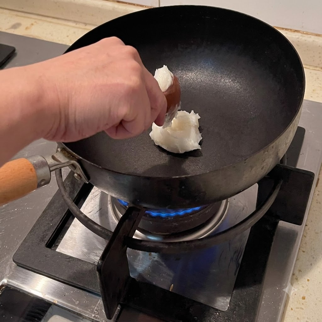 Saindoux ajouté dans un wok chaud et fondant en huile sur une flamme bleue.