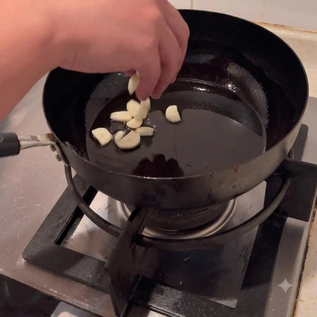 Tranches dail jetées dans lhuile chaude dun wok.
