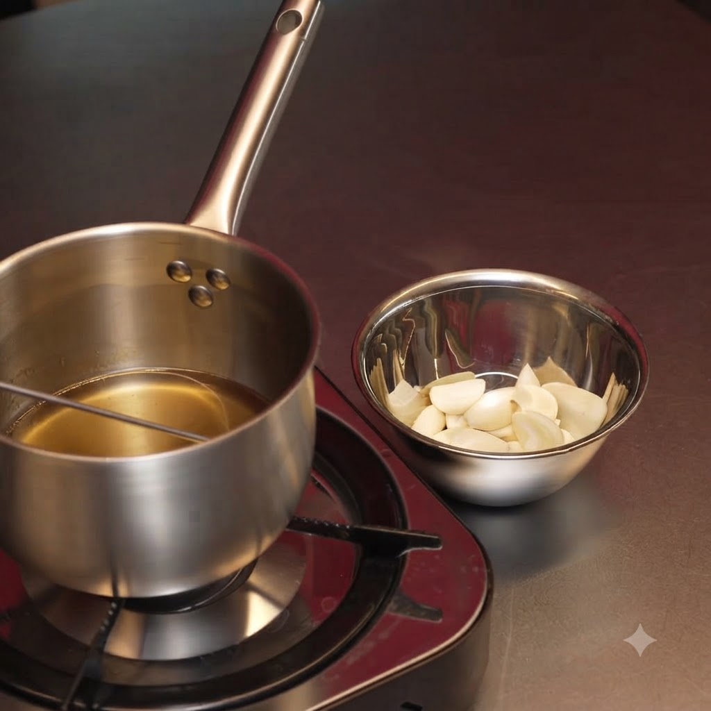Gousses dail pelées jetées dans une casserole de saindoux chaud.