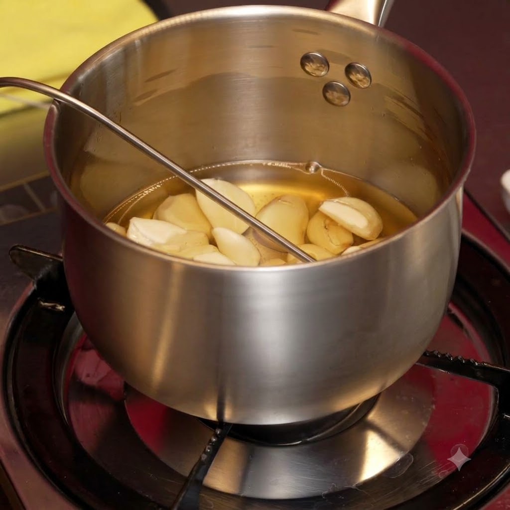 Gousses dail frisant dans lhuile jusquà noircir complètement.