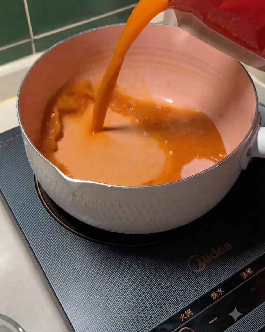 Emballage rouge versant une base de soupe miso piquée japonaise orange épaisse dans une casserole blanche sur une plaque à induction noire.