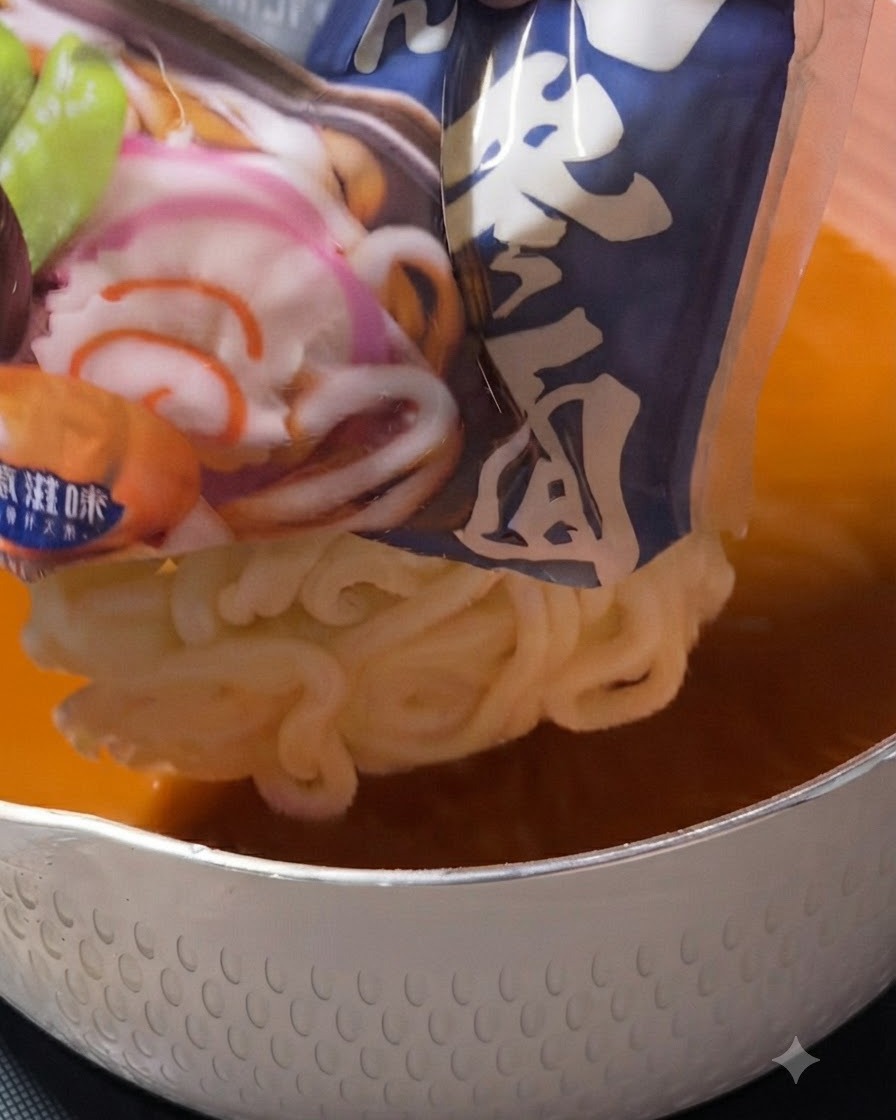 Un bloc de nouilles udon blanches jeté dun emballage bleu dans le bouillon de soupe orange à lintérieur dune casserole blanche.