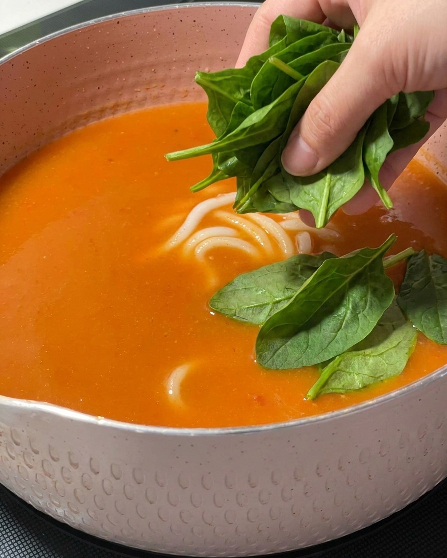 Des feuilles dépinards verts frais ajoutées à la main dans une casserole de soupe miso piquante orange avec des nouilles udon.