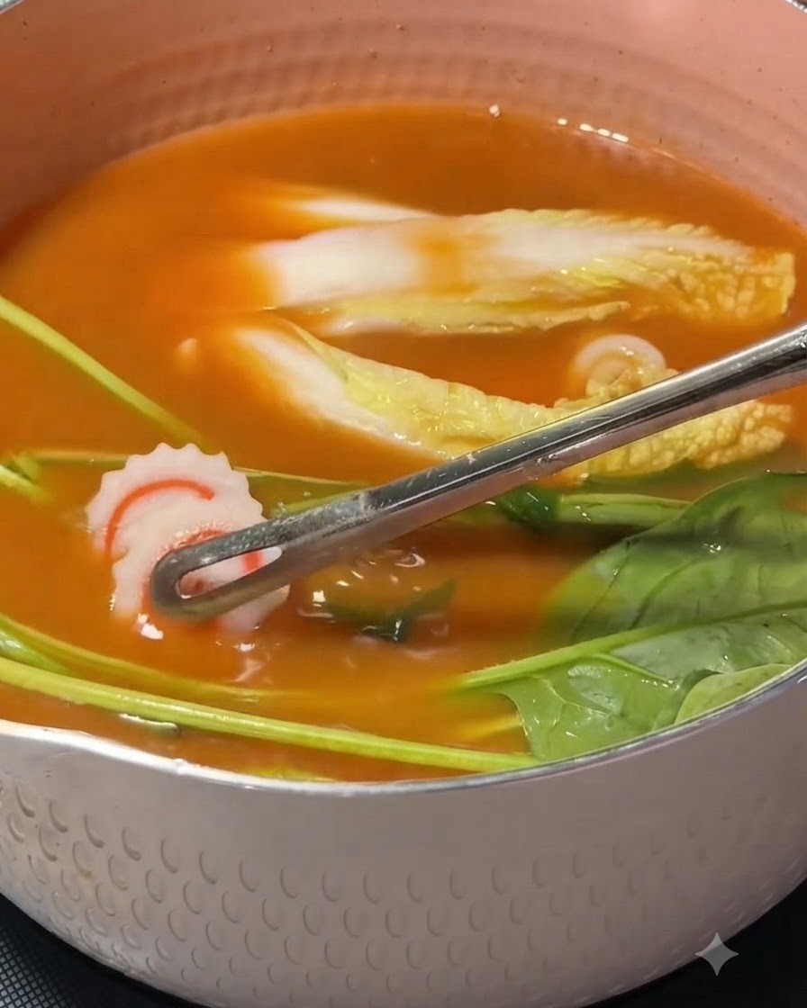 Des pinces plaçant des tranches de gâteaux de poisson naruto en spirale dans une casserole remplie de bouillon, de chou napa et dépinards.