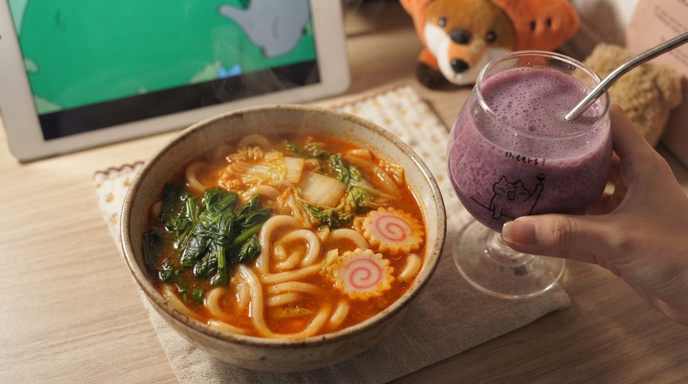 Soupe de Nouilles Udon au Miso Piquant et Lait de Raisin
