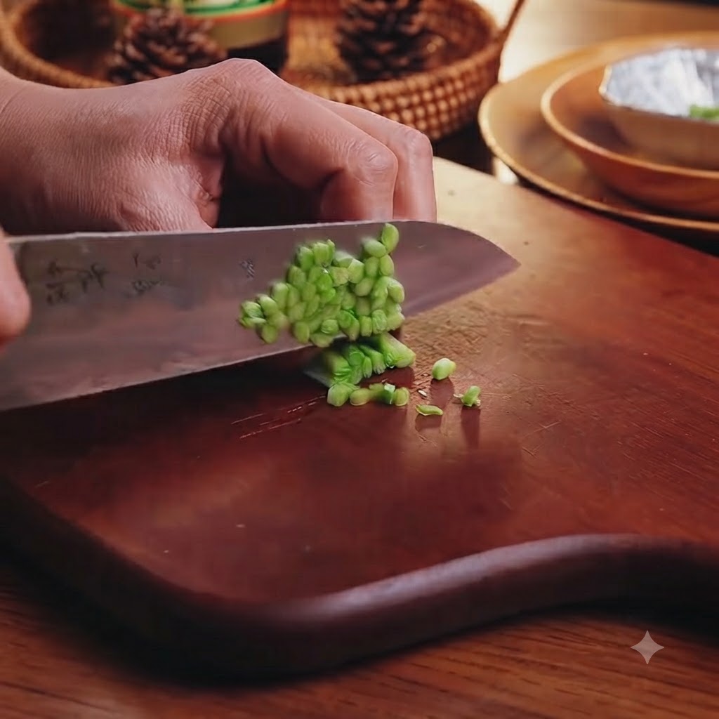 Morceaux doignon blanc hachés finement sur une planche à découper en bois.