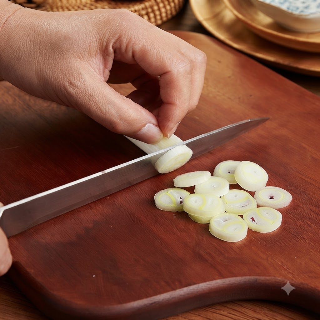 Ronds de ciboule fins et ail haché disposés sur une planche à découper en bois.