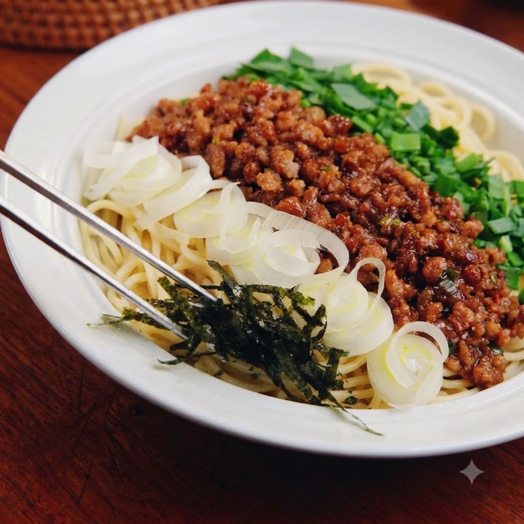 Bol de nouilles et de sauce à la viande garni doignons verts émincés, doignons blancs et de nori.